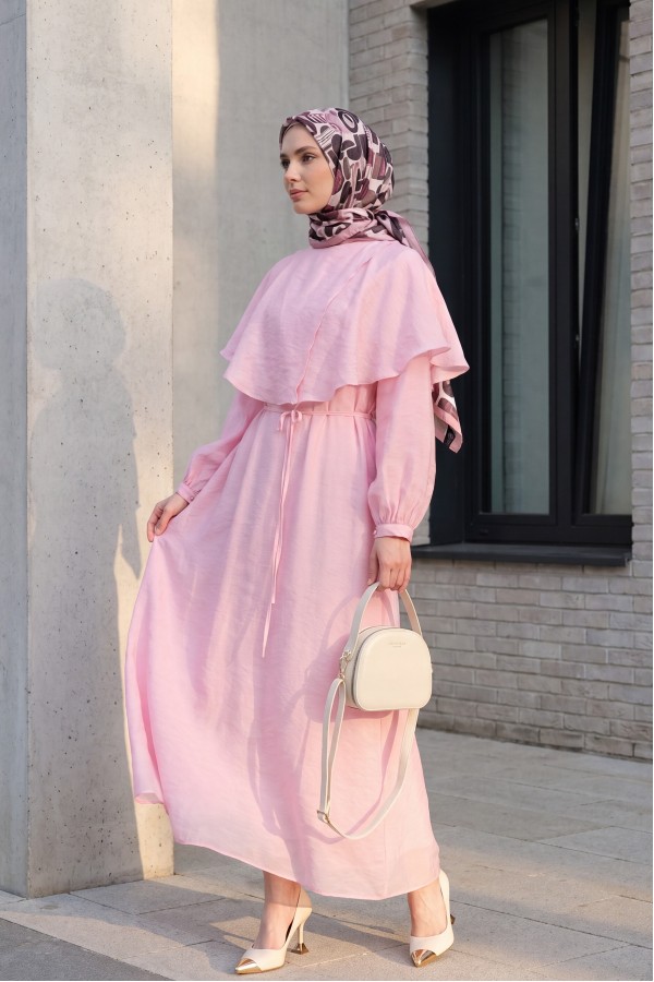 Lined Tulle Modal Dress with Cape Detail Neckline and Belt -Pink