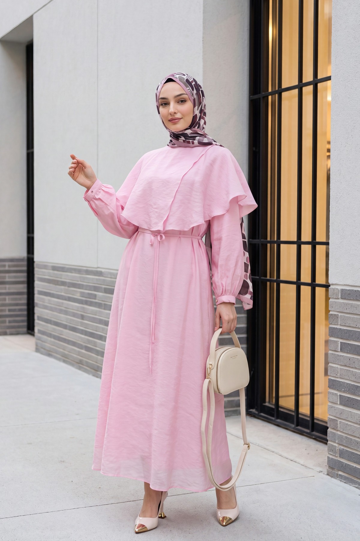 Lined Tulle Modal Dress with Cape Detail Neckline and Belt -Pink