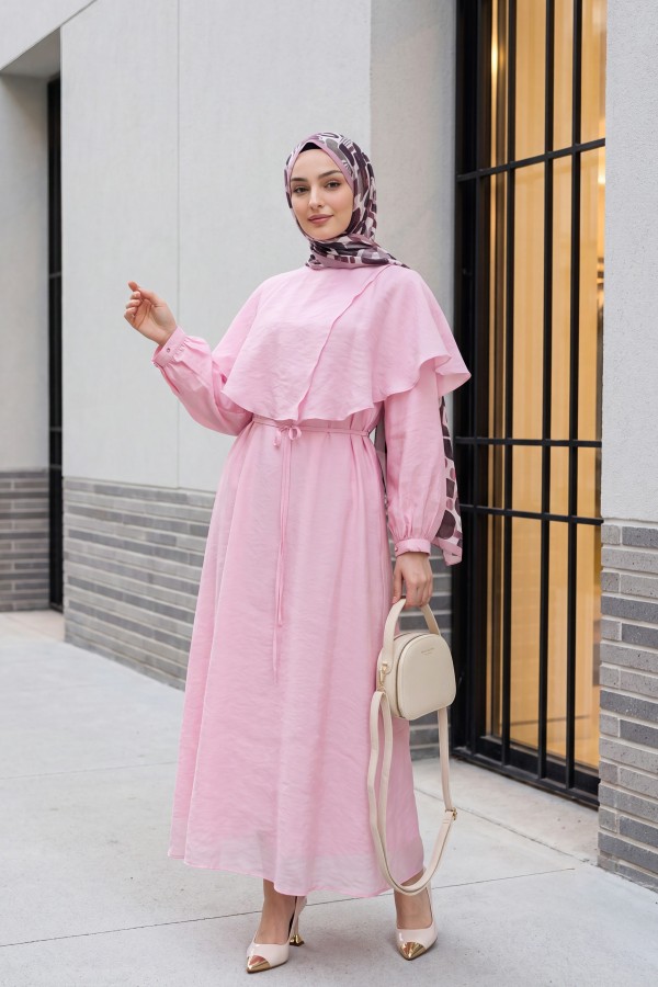 Lined Tulle Modal Dress with Cape Detail Neckline and Belt -Pink