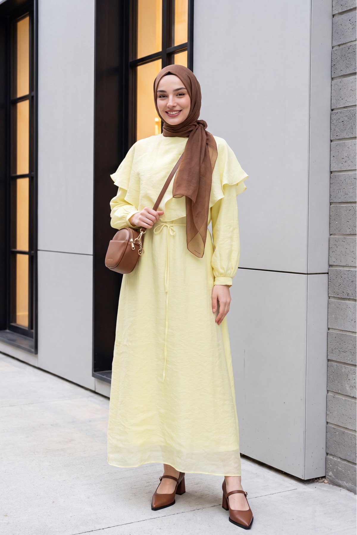 Lined Tulle Modal Dress with Cape Detail Neckline and Belt -Yellow detay görseli