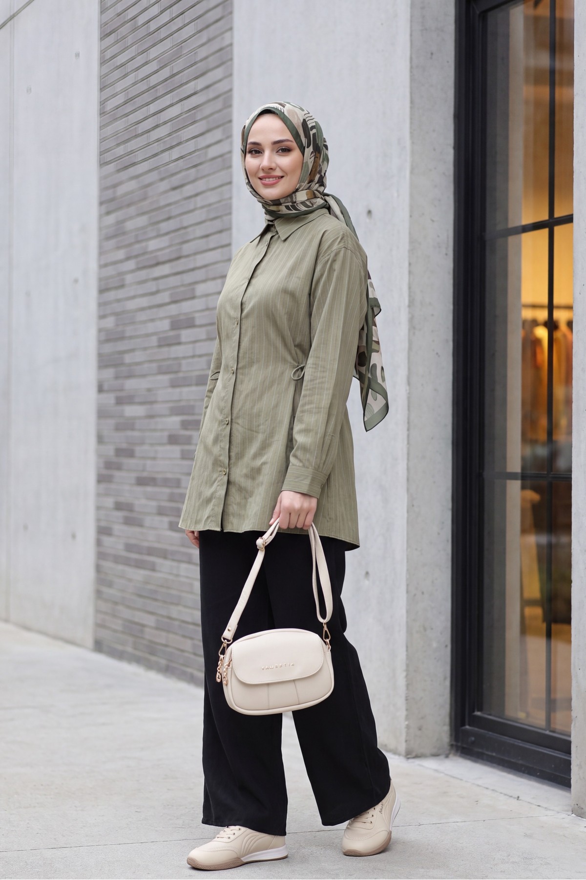 Modal Tunic with Side Laces and Striped Buttons -Khaki