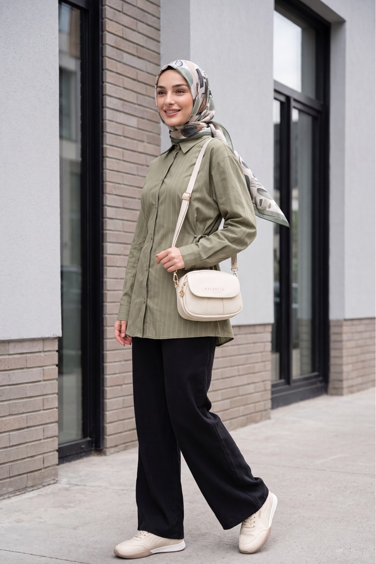 Modal Tunic with Side Laces and Striped Buttons -Khaki detay görseli