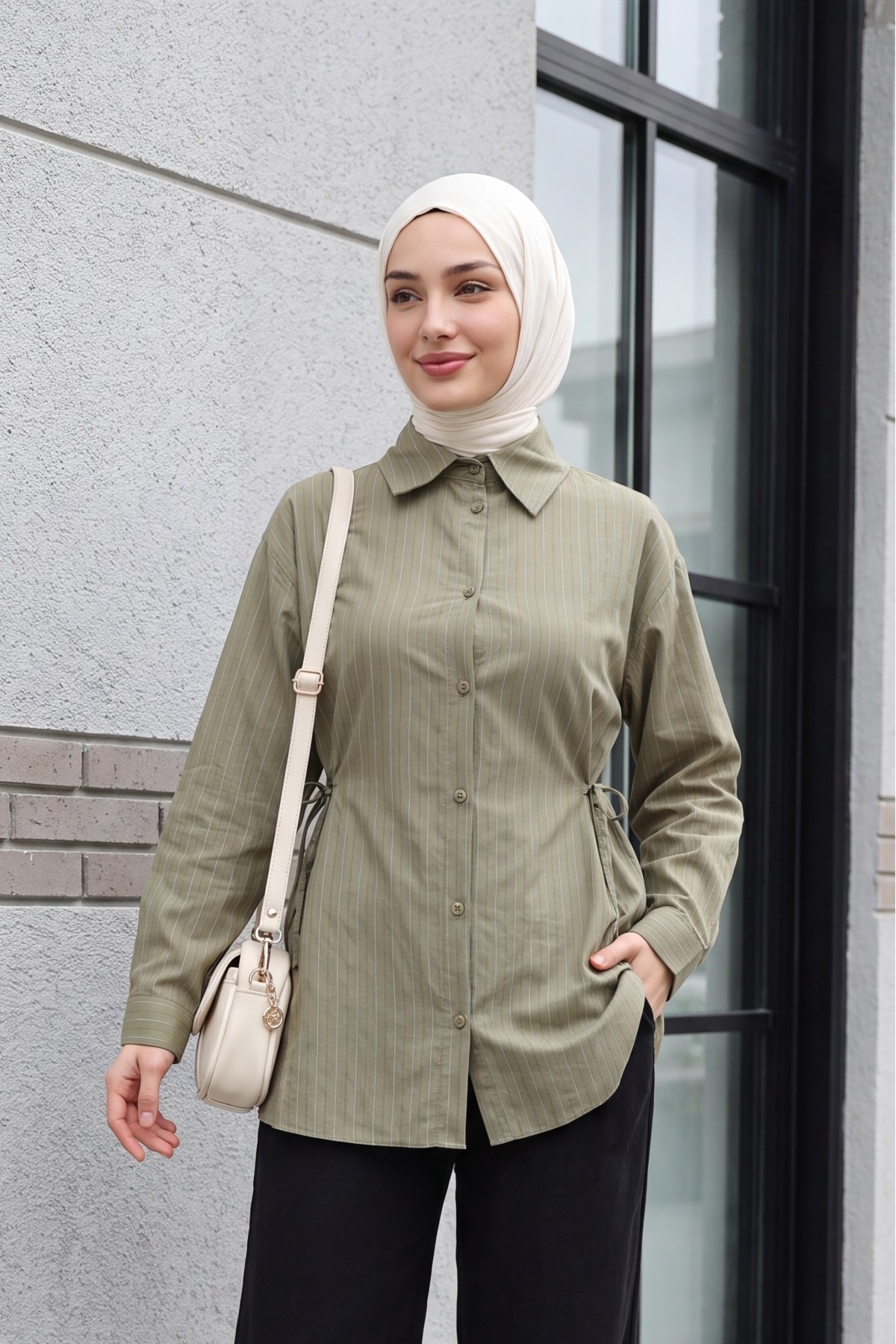Modal Tunic with Side Laces and Striped Buttons -Khaki
