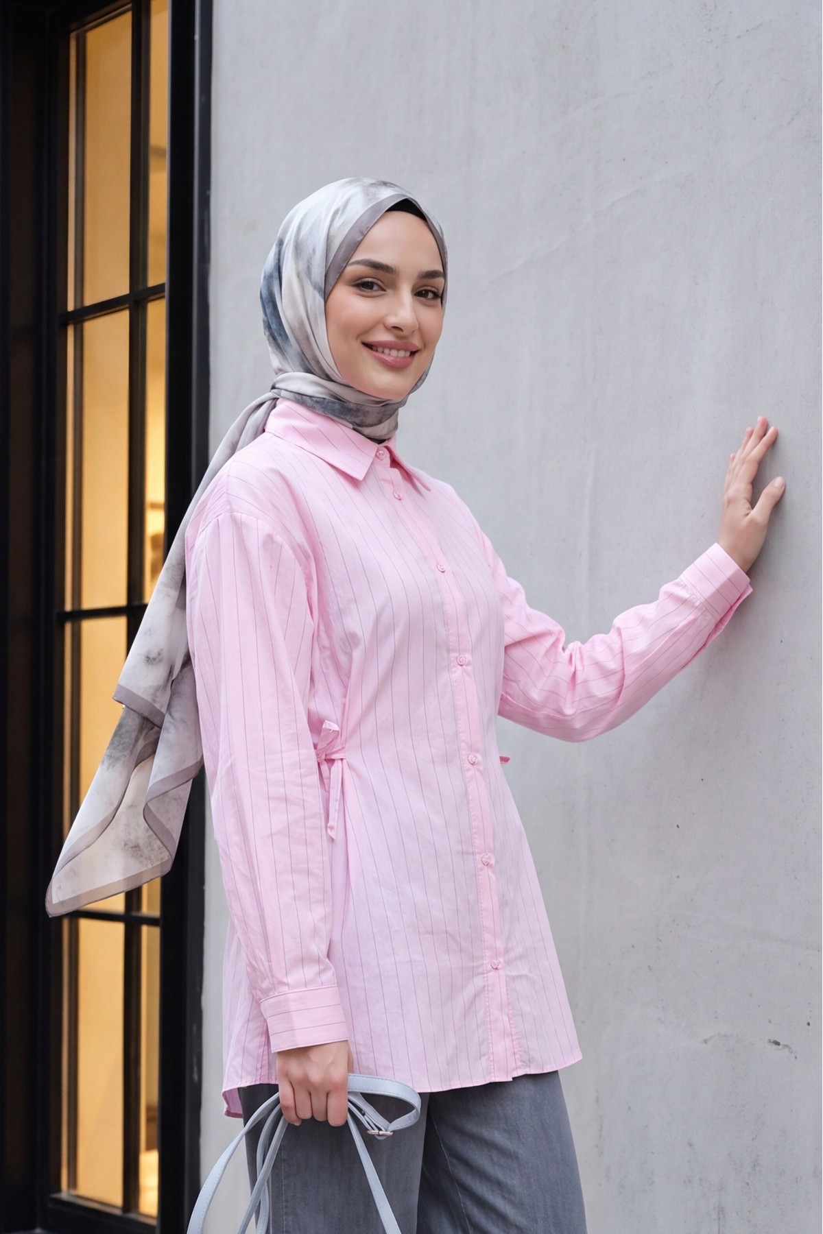 Yanları Bağcıklı Çizgili Düğmeli Modal Tunik -Pembe