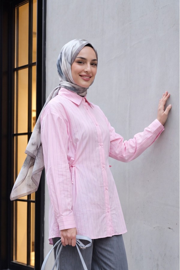 Yanları Bağcıklı Çizgili Düğmeli Modal Tunik -Pembe