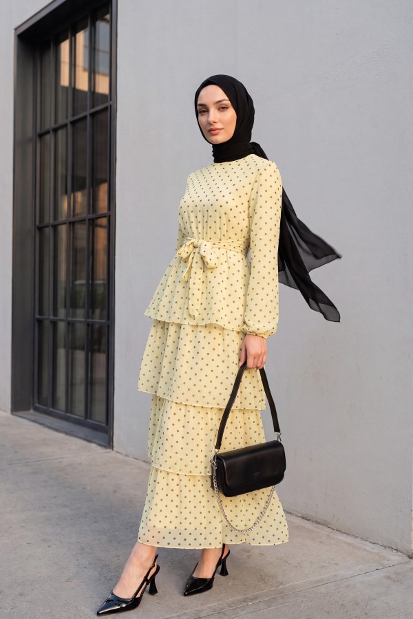 Layered Polka Dot Chiffon Dress with Cross  -Light yellow