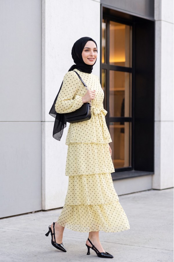 Layered Polka Dot Chiffon Dress with Cross  -Light yellow