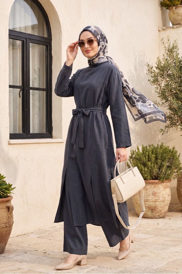 Modal Set with Long-Slit Tunic and Pocketed Trousers -Smoked 