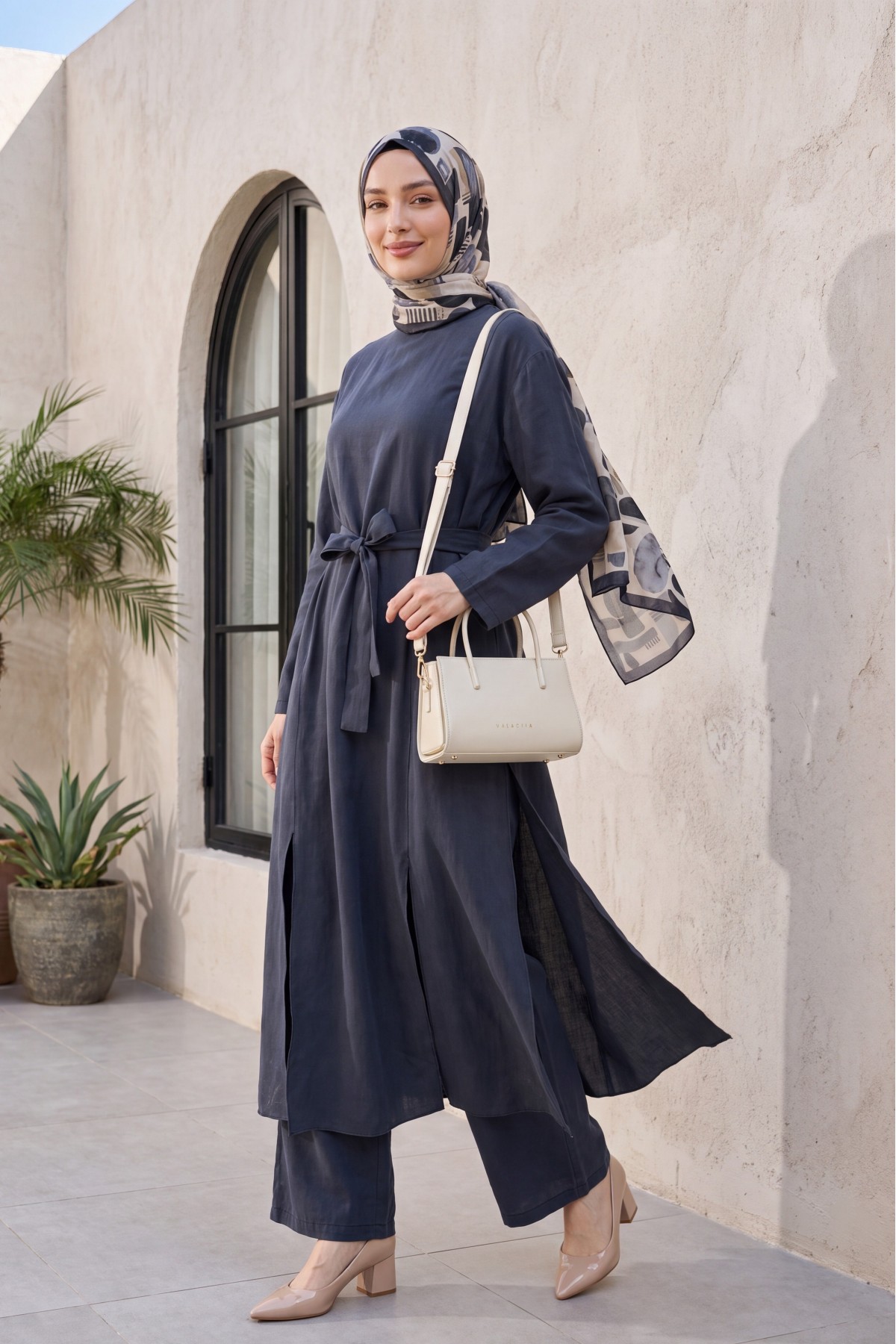 Modal Set with Long-Slit Tunic and Pocketed Trousers -Smoked 