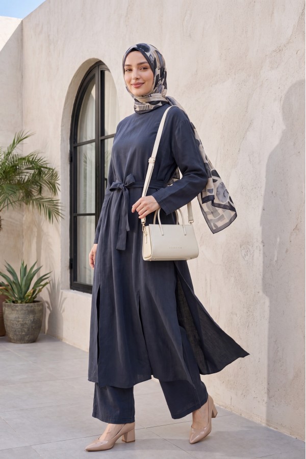 Modal Set with Long-Slit Tunic and Pocketed Trousers -Smoked 