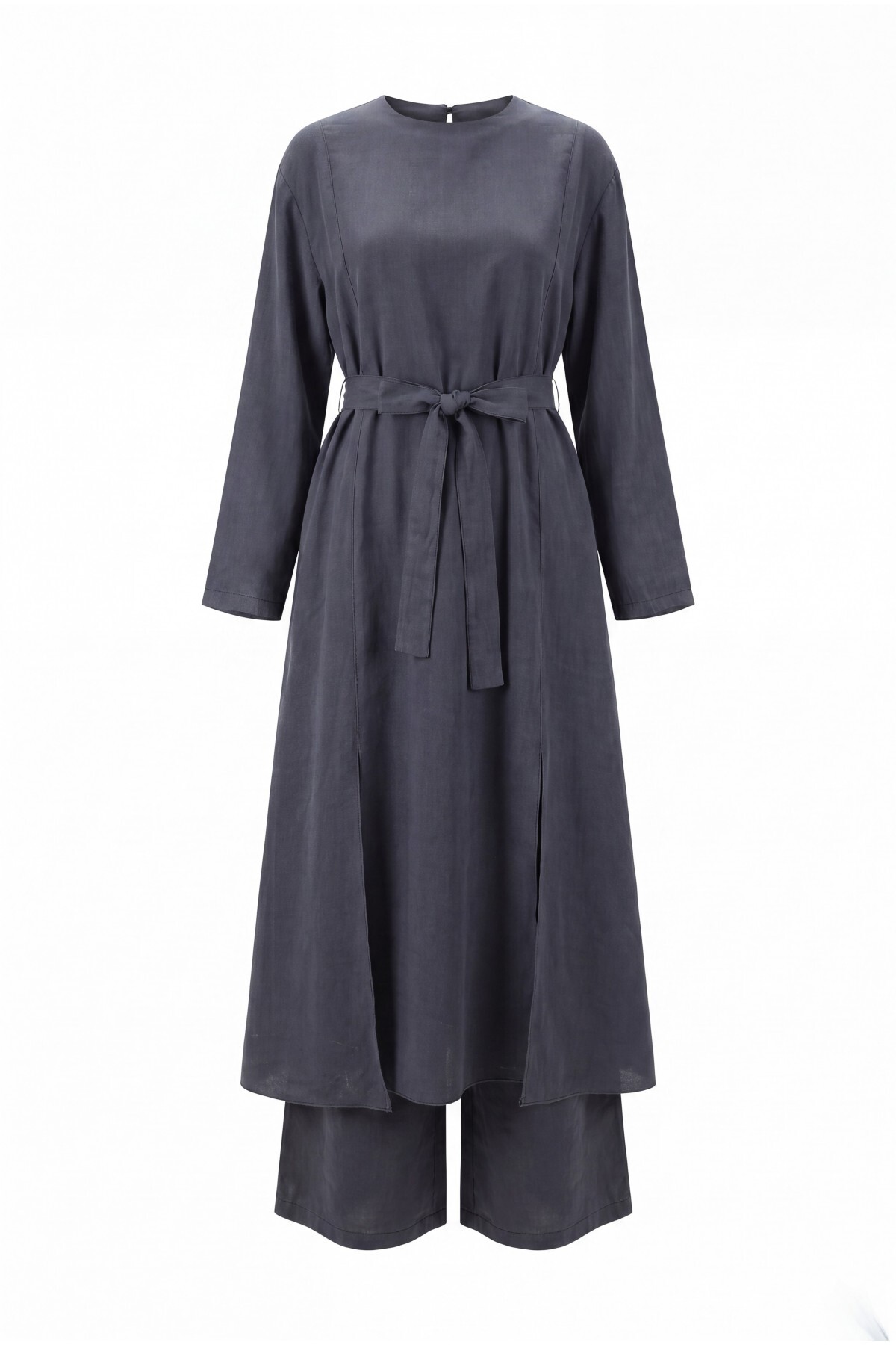 Modal Set with Long-Slit Tunic and Pocketed Trousers -Smoked  detay görseli