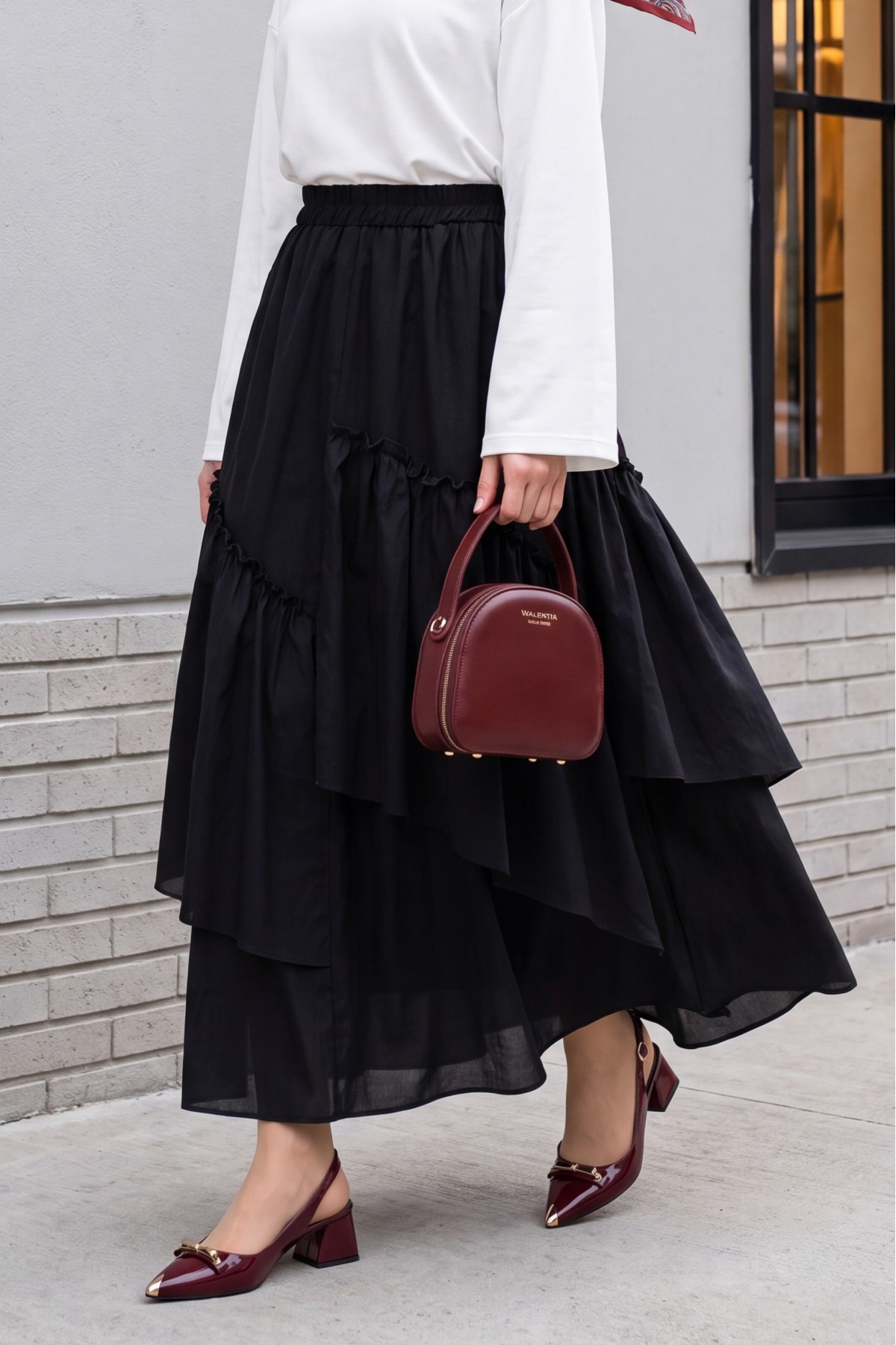 Asymmetrical, Ruffled, Lined Voile Skirt with Elastic Waistband -Black