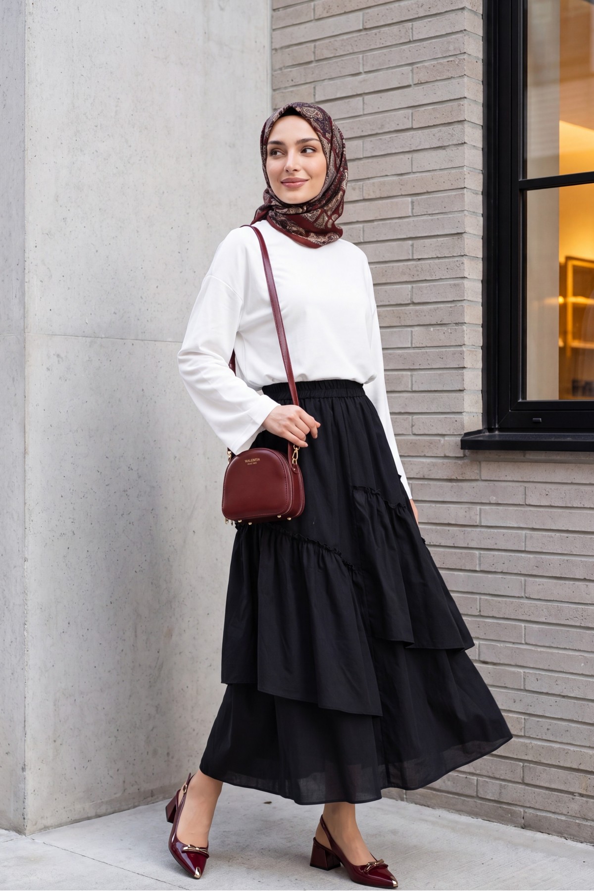 Asymmetrical, Ruffled, Lined Voile Skirt with Elastic Waistband -Black detay görseli