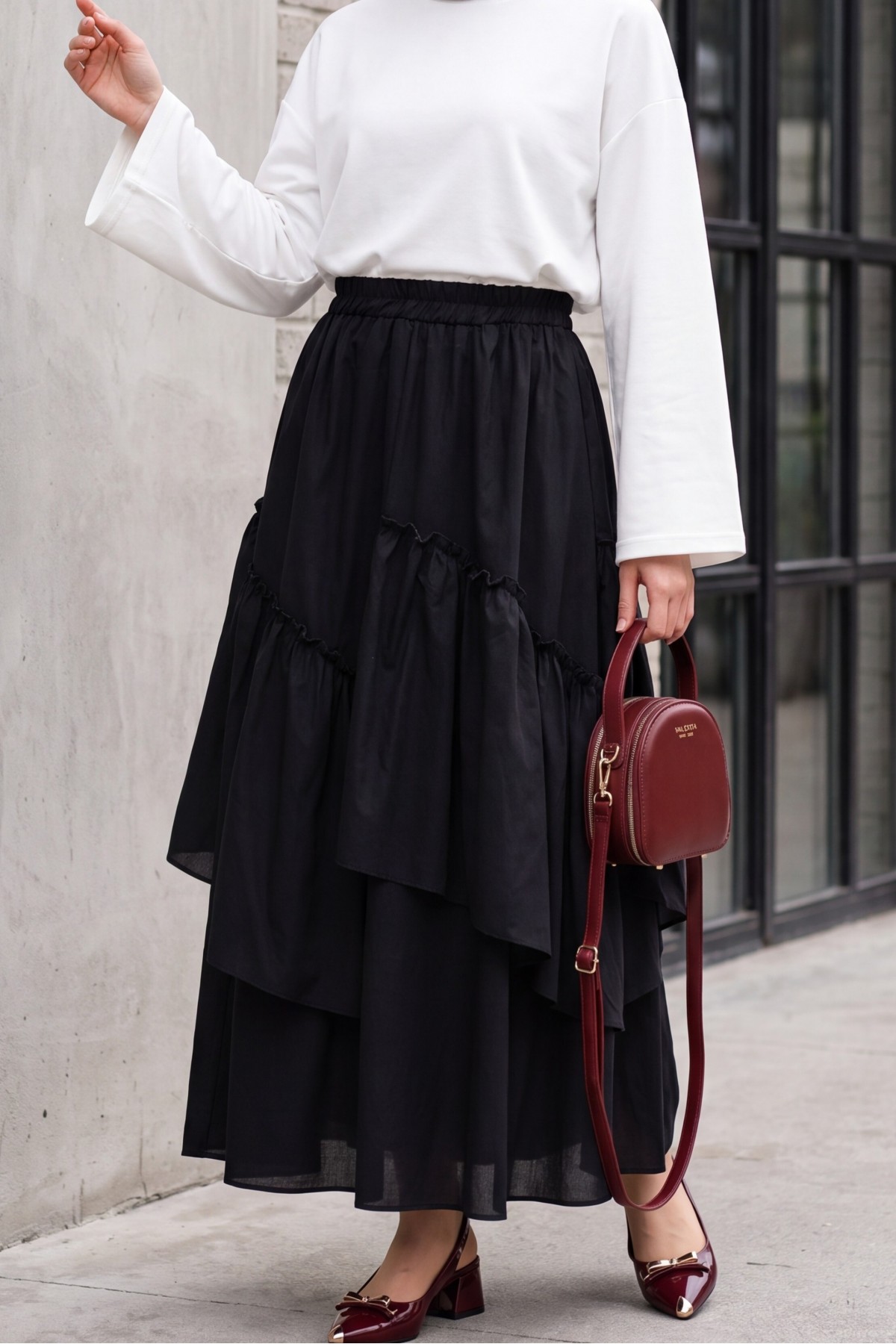 Asymmetrical, Ruffled, Lined Voile Skirt with Elastic Waistband -Black