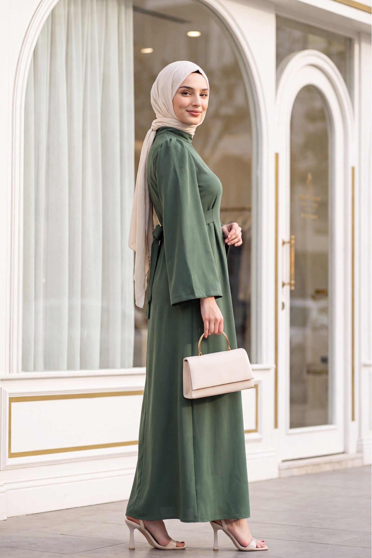 Judge Collar Lace Detailed Dress          -Khaki detay görseli