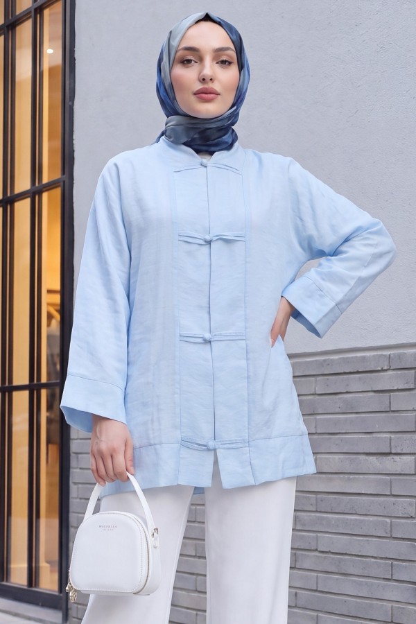 Biye Düğmeli V Yaka Organze Vual Oversize Kimono -Bebe Mavi