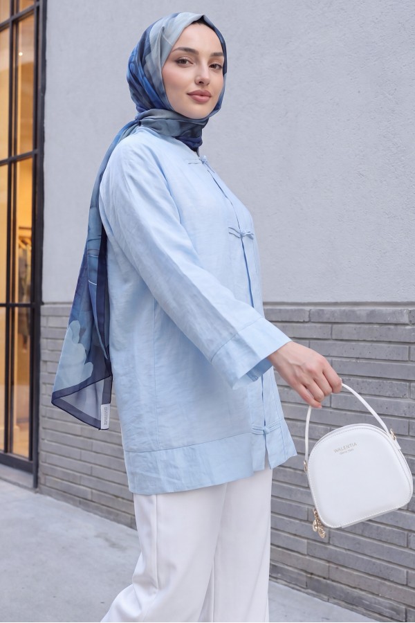 Biye Düğmeli V Yaka Organze Vual Oversize Kimono -Bebe Mavi
