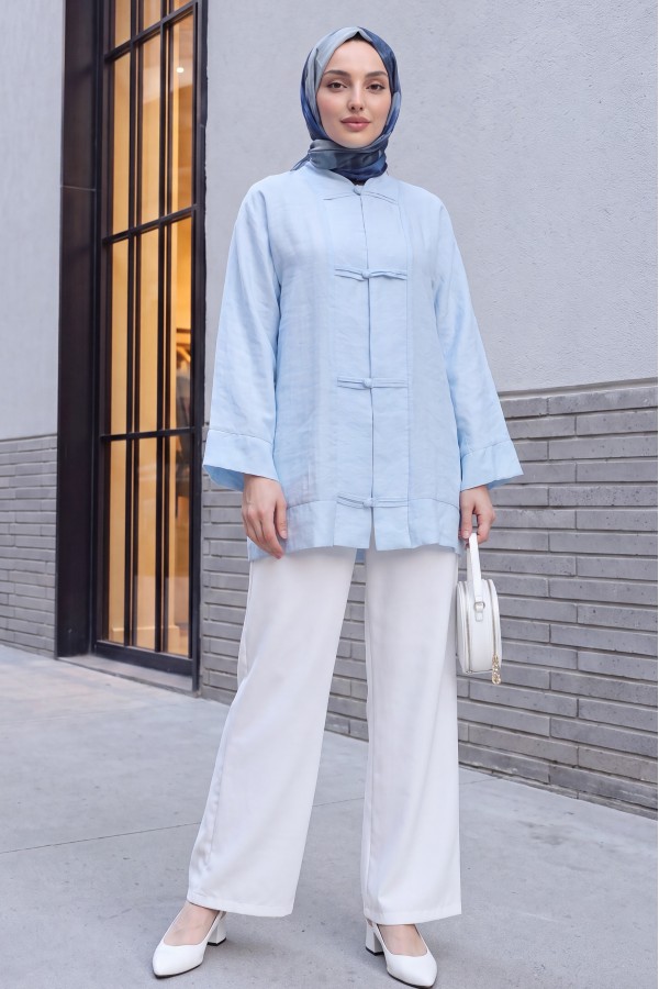 Biye Düğmeli V Yaka Organze Vual Oversize Kimono -Bebe Mavi