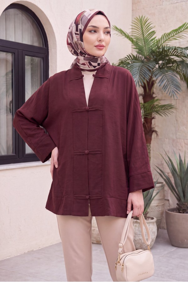 Biye Düğmeli V Yaka Organze Vual Oversize Kimono -Bordo