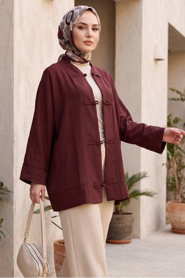 Biye Düğmeli V Yaka Organze Vual Oversize Kimono -Bordo