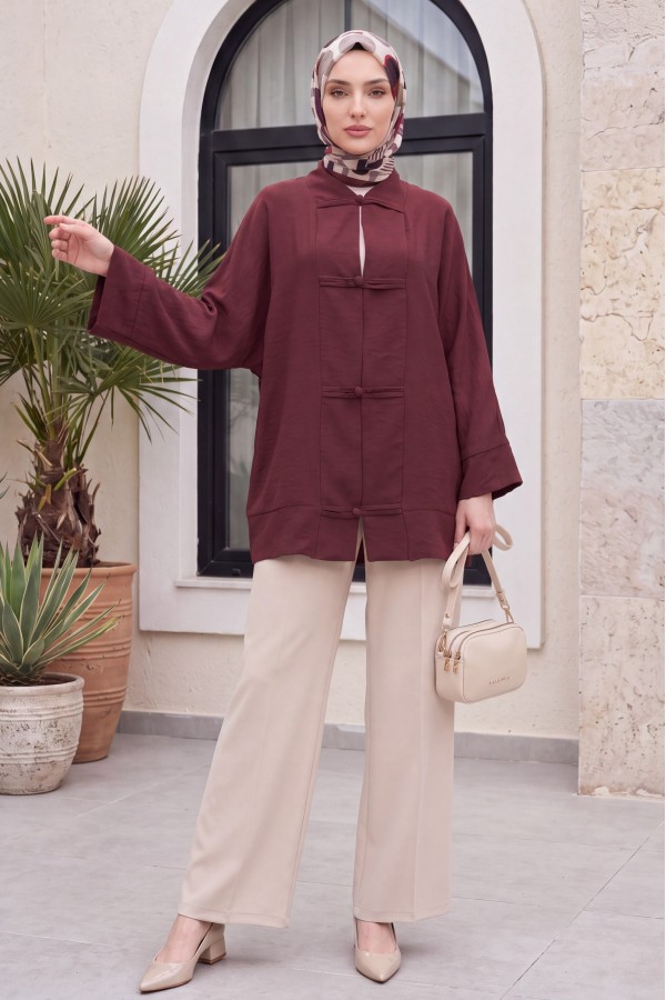 Biye Düğmeli V Yaka Organze Vual Oversize Kimono -Bordo