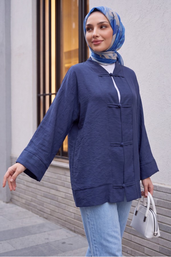 Biye Düğmeli V Yaka Organze Vual Oversize Kimono -Lacivert