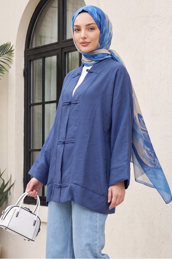 Biye Düğmeli V Yaka Organze Vual Oversize Kimono -Lacivert