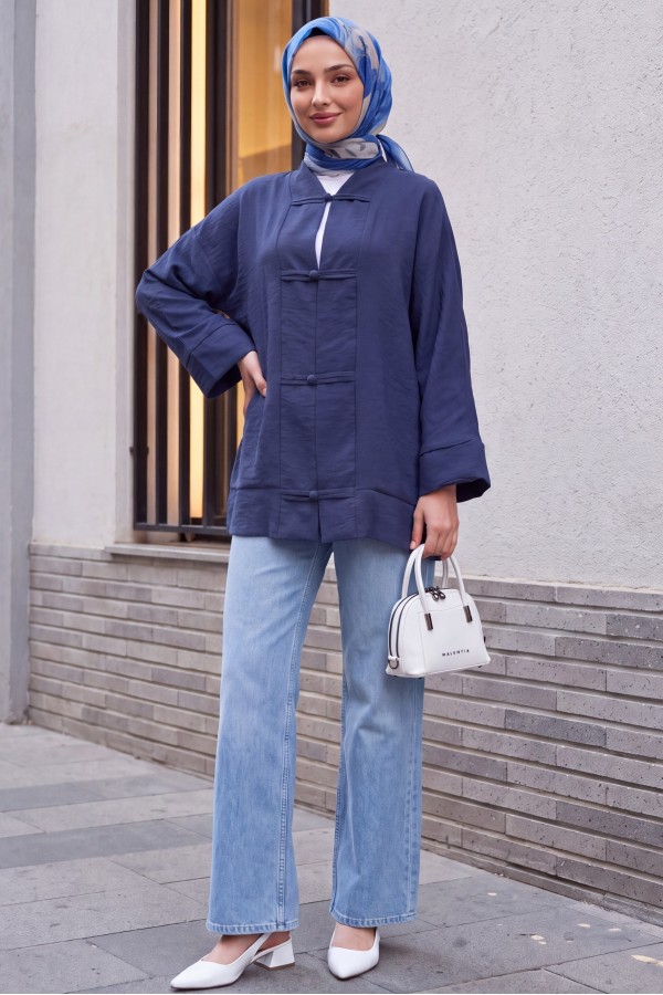 Biye Düğmeli V Yaka Organze Vual Oversize Kimono -Lacivert