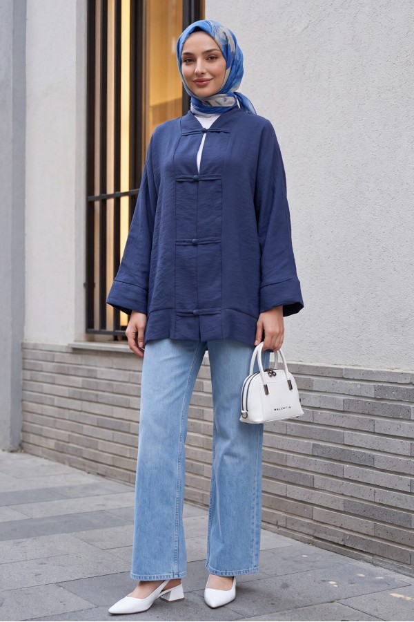 Biye Düğmeli V Yaka Organze Vual Oversize Kimono -Lacivert