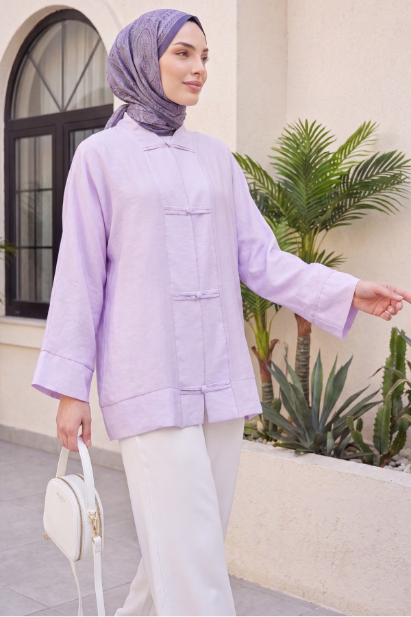 Biye Düğmeli V Yaka Organze Vual Oversize Kimono -Lila