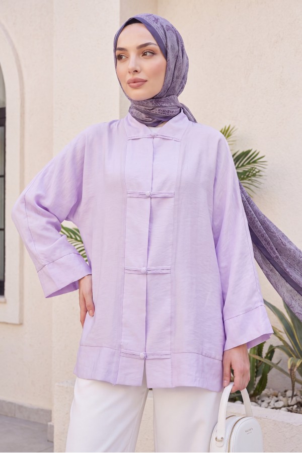 Biye Düğmeli V Yaka Organze Vual Oversize Kimono -Lila