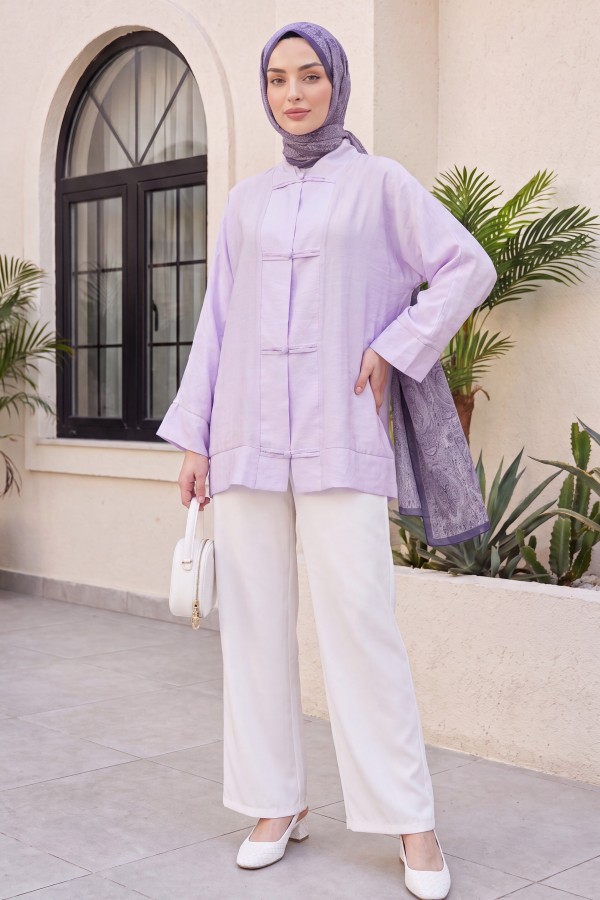 Biye Düğmeli V Yaka Organze Vual Oversize Kimono -Lila