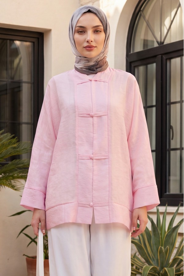 Biye Düğmeli V Yaka Organze Vual Oversize Kimono -Pembe
