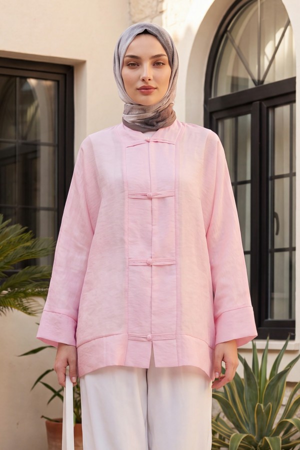 Biye Düğmeli V Yaka Organze Vual Oversize Kimono -Pembe
