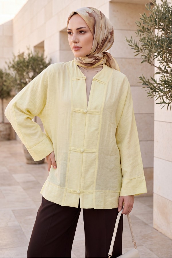 Biye Düğmeli V Yaka Organze Vual Oversize Kimono -Sarı