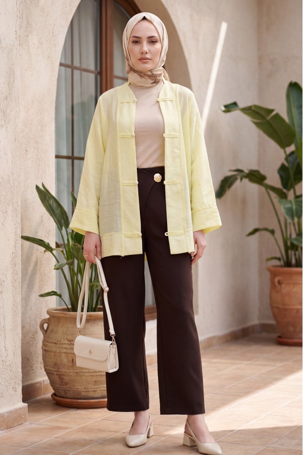 Biye Düğmeli V Yaka Organze Vual Oversize Kimono -Sarı