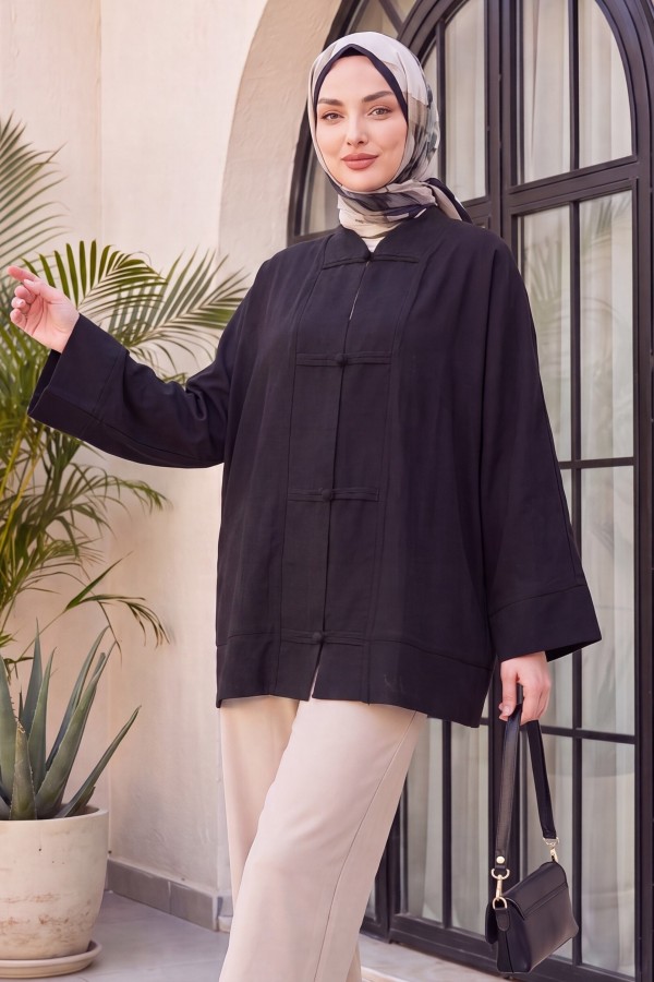 Biye Düğmeli V Yaka Organze Vual Oversize Kimono -Siyah
