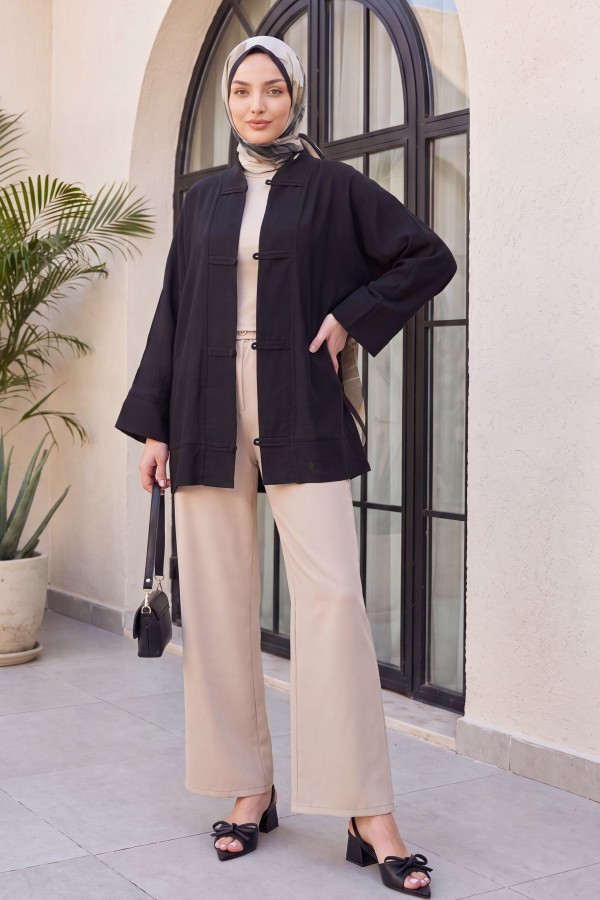 Biye Düğmeli V Yaka Organze Vual Oversize Kimono -Siyah