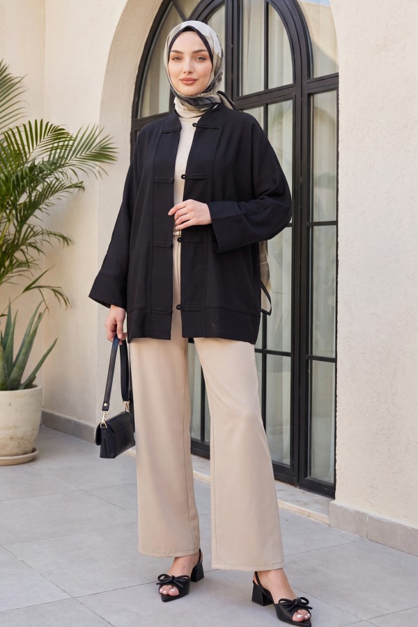 Biye Düğmeli V Yaka Organze Vual Oversize Kimono -Siyah