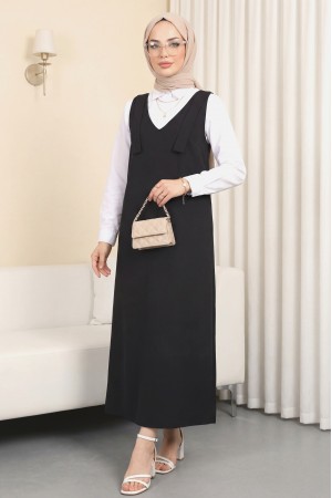 Omuzları Bağlamalı Uzun Jile -Siyah
