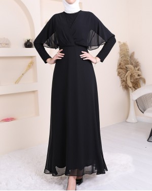 Silvery Chiffon Long Evening Dress -Black