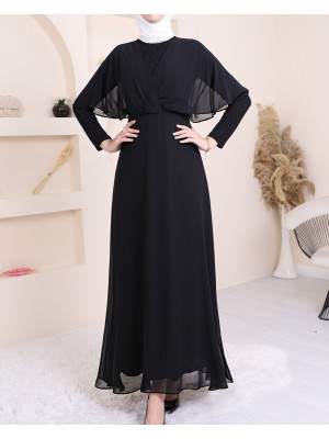 Simli Şifon Uzun Abiye -Siyah