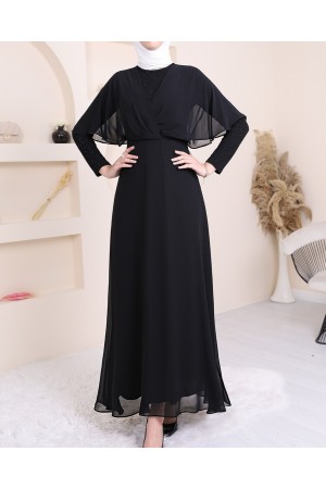 Simli Şifon Uzun Abiye -Siyah