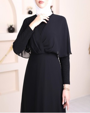 Silvery Chiffon Long Evening Dress -Black