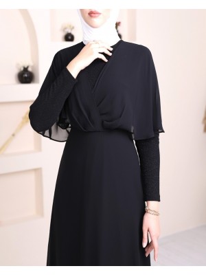 Simli Şifon Uzun Abiye -Siyah