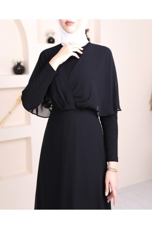 Simli Şifon Uzun Abiye -Siyah
