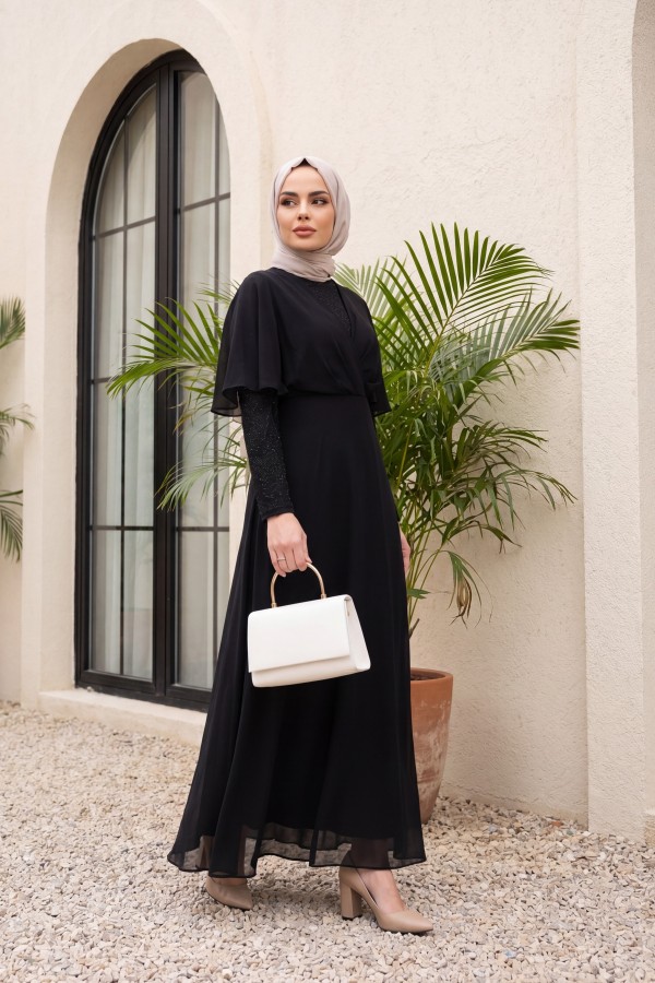 فستان سهرة طويل من الشيفون -أسود