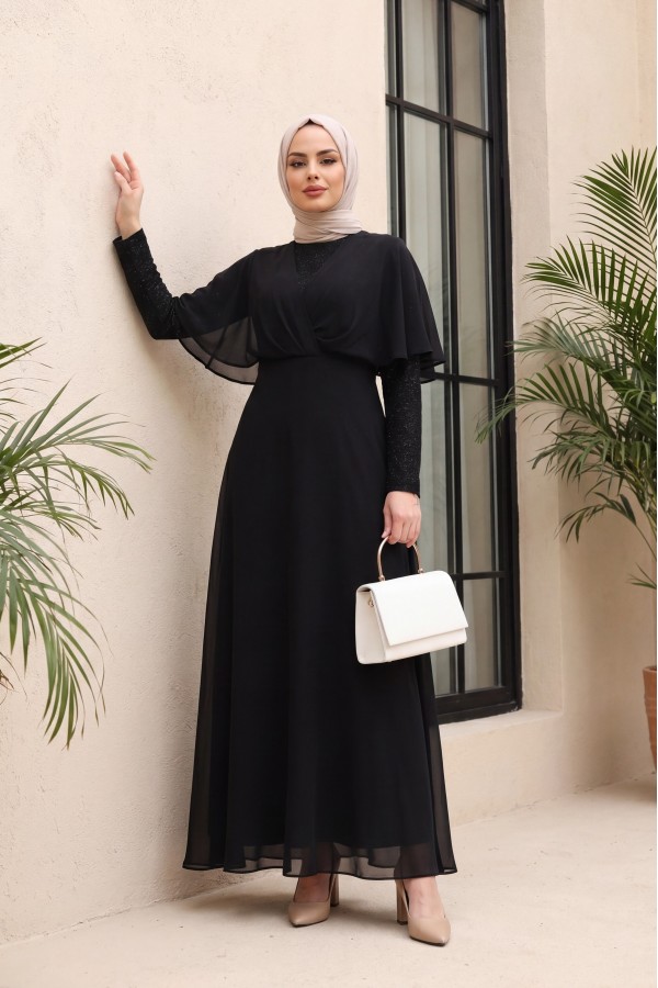 Silvery Chiffon Long Evening Dress -Black