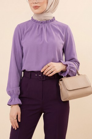Yakası Büzgülü Bluz -Lila