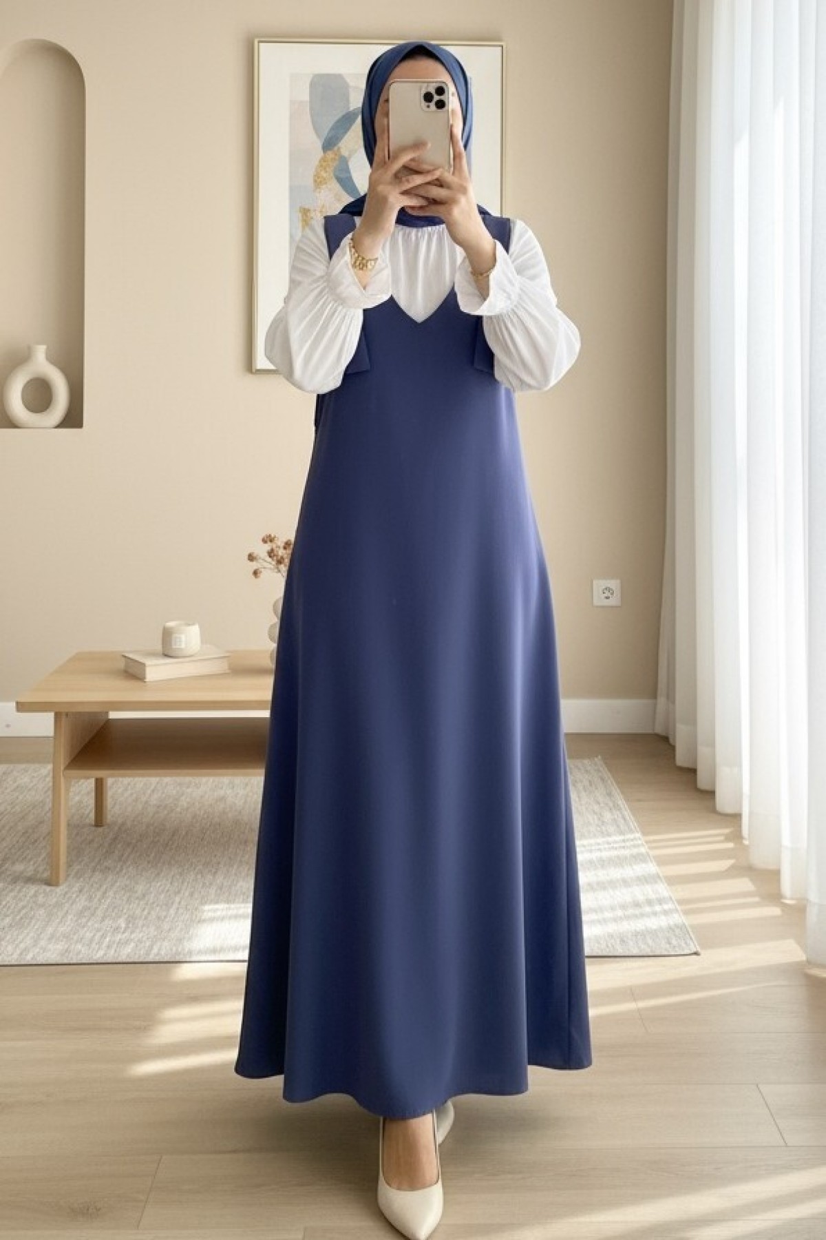 Long Gilet With Tied Shoulders   -İndigo